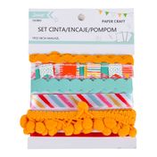 Set de 7 cintas encaje y pompones, rojas con amarillo y verde