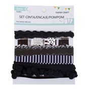 Set de 7 cintas encaje y pompones, negro con blanco