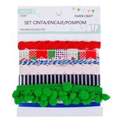 Set de 7 cintas encaje y pompones, rojas con azul y verde