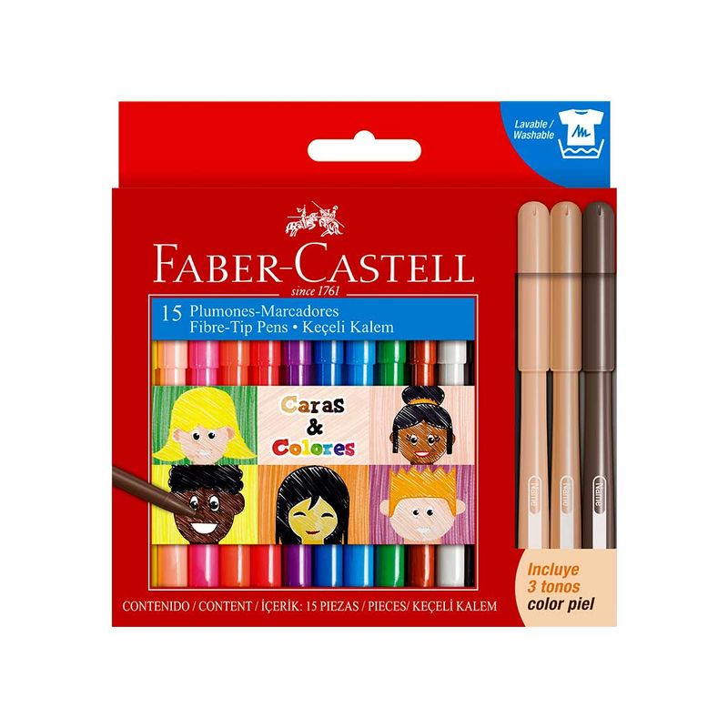 Plumones Faber-Castell Caras y Colores x 12 + 3 tonos piel