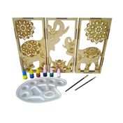Kit artístico tríptico elefantes con acrílicos, pinceles y paleta, 10 piezas