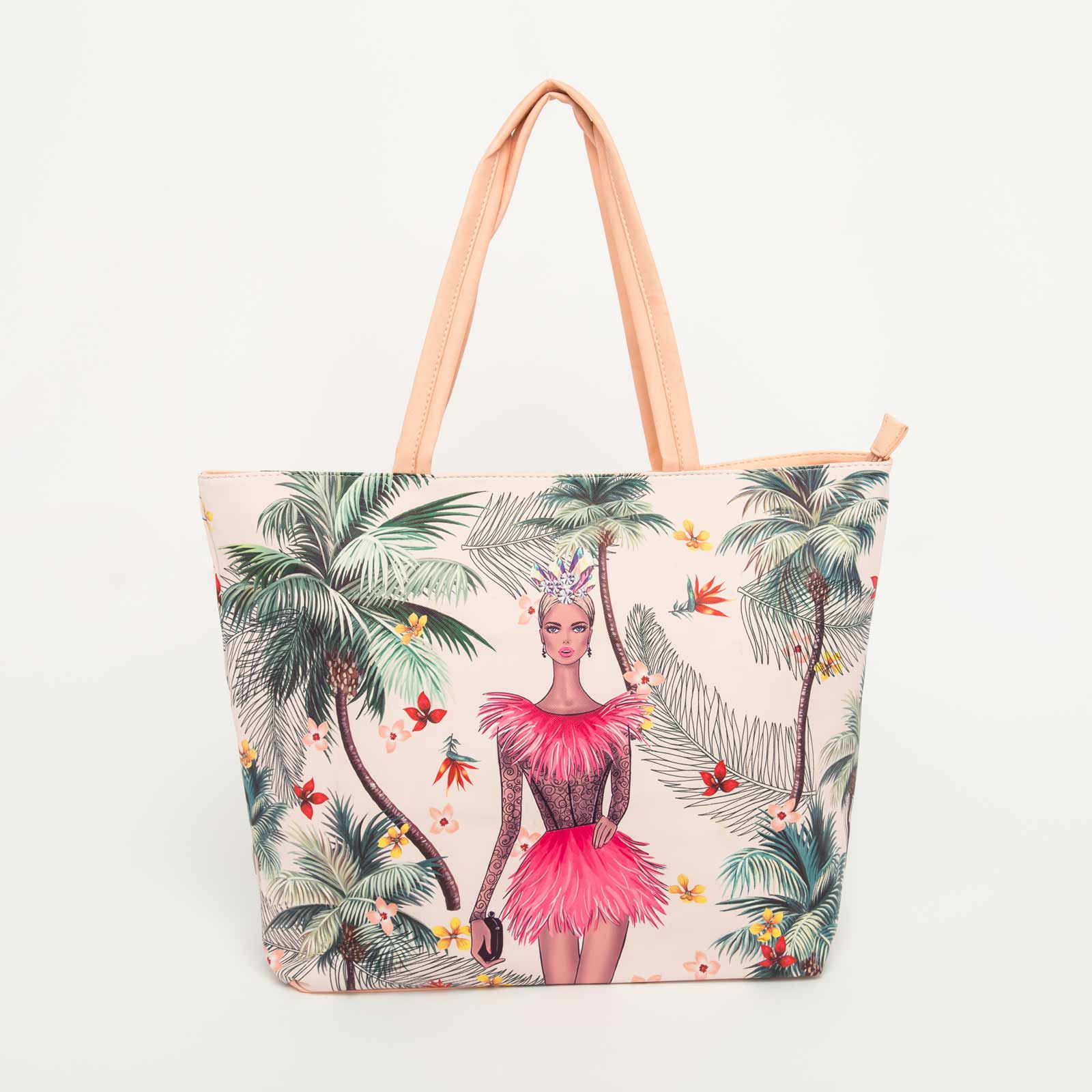 Bolso tote rosado, 33.5 cm x 46 cm, diseño mujer y palmeras