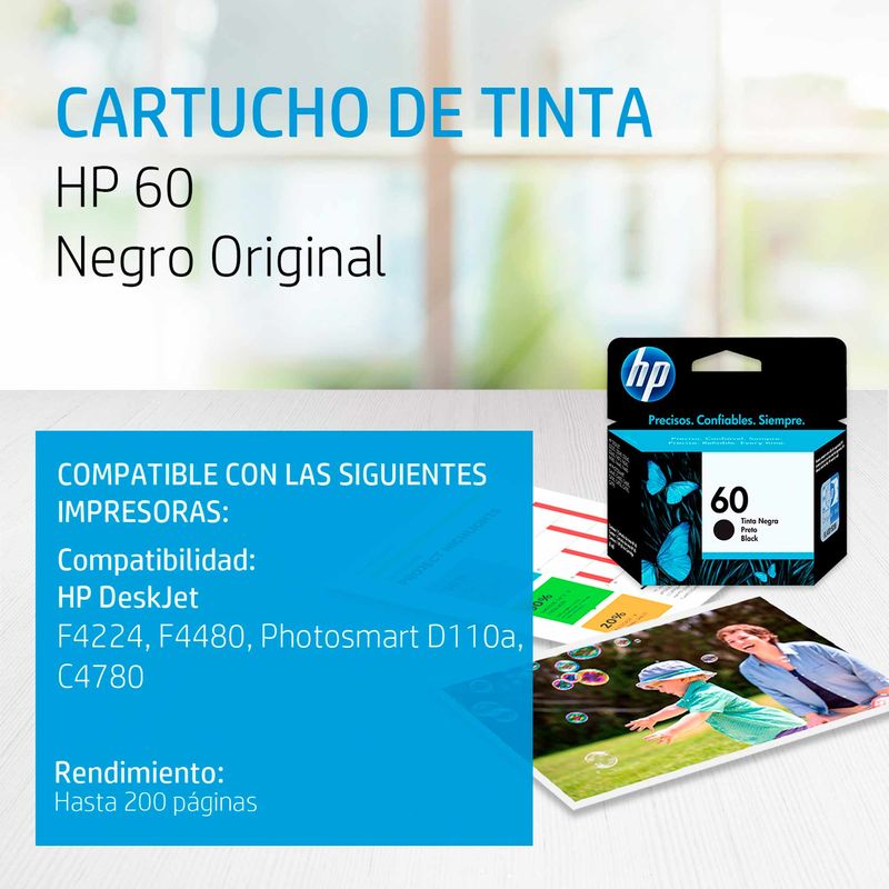 Qué Injusto Mesa final Cartucho de tinta HP 60 negra Original (CC640WL), 4.5 ml