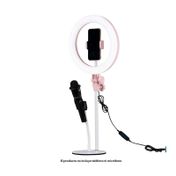 Soporte para celular USB rosado, con adaptador para micrófono y aro de luz