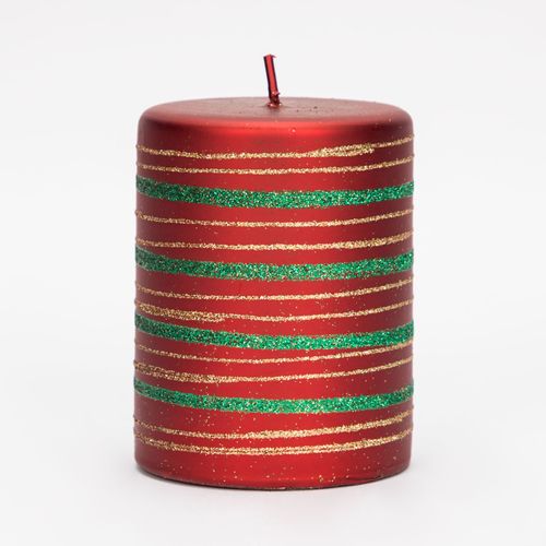 Vela de 7 x 9 cm con franjas verdes y doradas