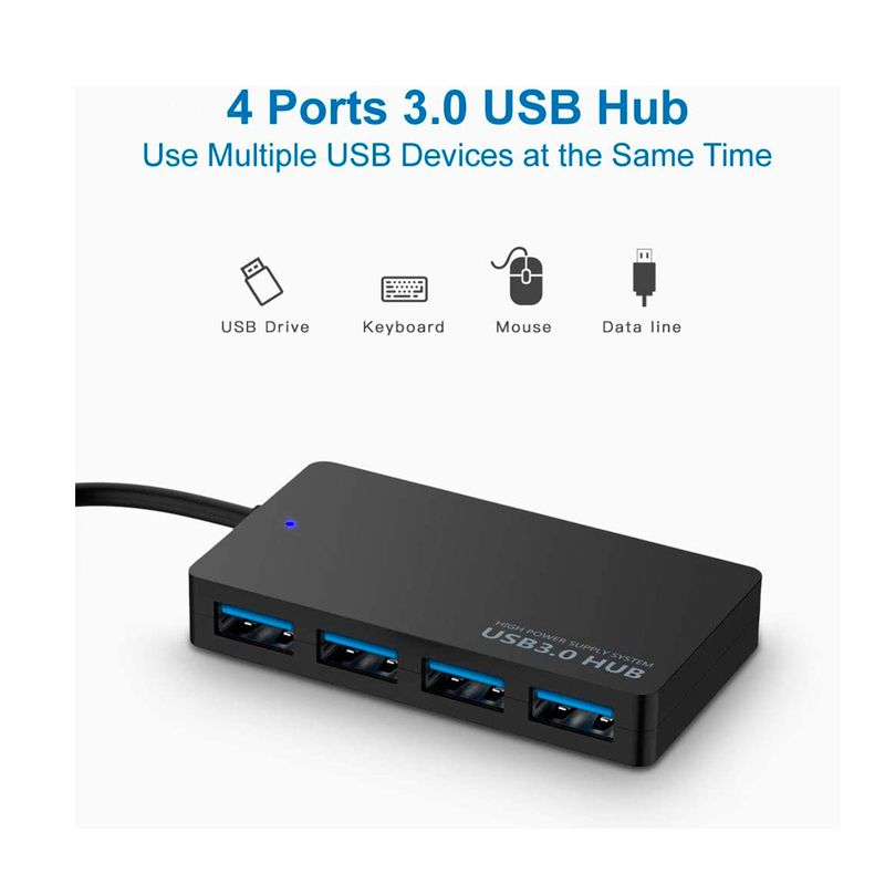 Multiplicador Hub 4 Puertos Usb, Cable Extensión 1m · Negro