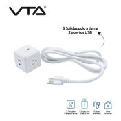 Multitoma cúbica VTA de 3 salidas y 2 puertos USB, blanca