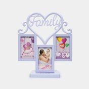 Portarretrato lila para 3 fotos, diseño Family en corazón