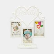Portarretrato blanco para 3 fotos, diseño Family en corazón