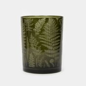 Portavela de vidrio color verde militar, diseño helechos