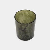 Portavela de vidrio color verde militar, diseño helechos