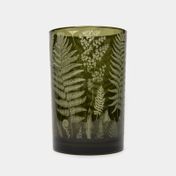 Portavela de vidrio color verde militar, diseño helechos