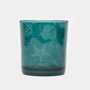 Portavela de vidrio color turquesa, diseño figuras de mar