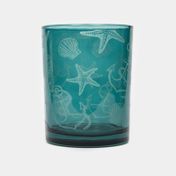 Portavela de vidrio color turquesa, diseño figuras de mar