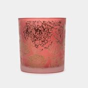 Portavela de vidrio color rojo opaco, diseño flores