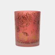 Portavela de vidrio color rojo opaco, diseño flores