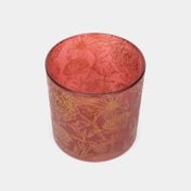 Portavela de vidrio color rojo opaco, diseño flores
