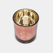 Portavela de vidrio color rosa dorado, diseño triángulos y rombos