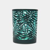 Portavela de vidrio color verde oscuro, diseño helechos