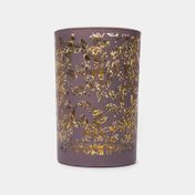 Portavela de vidrio morado, diseño hojas doradas