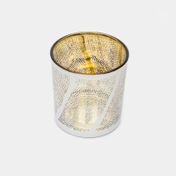 Portavela de vidrio pequeño con puntos, color blanco y dorado