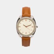 Reloj análogo con pulso de cuero sintético y tablero blanco
