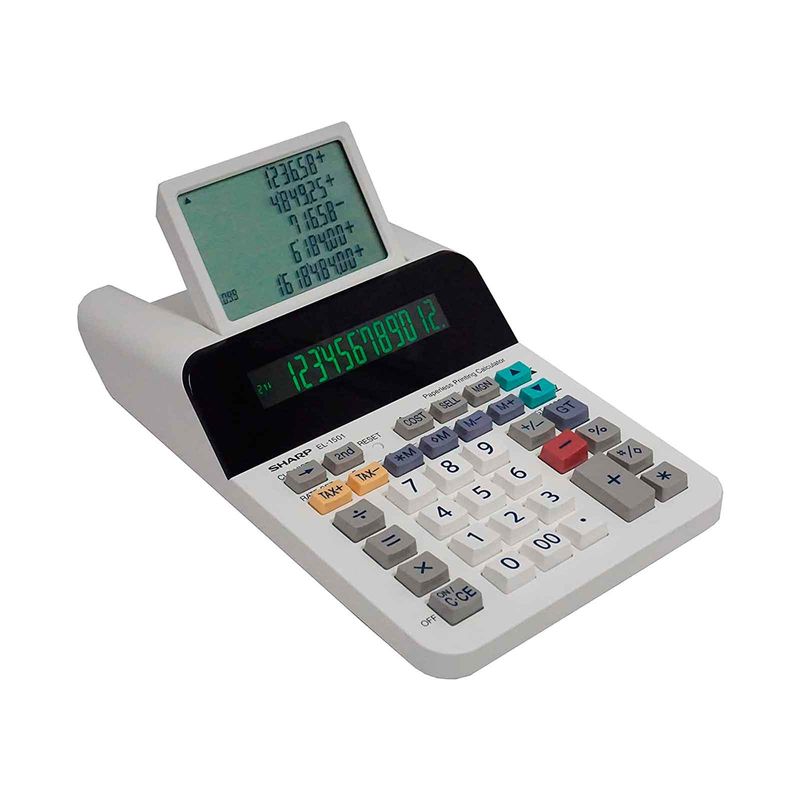 Calculadora impresora sin papel EL1501 Sharp de 12 dígitos, blanca