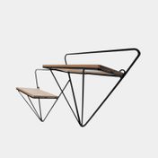 Repisa metálica en madera MDF de 2 niveles, triángulos negros/natural
