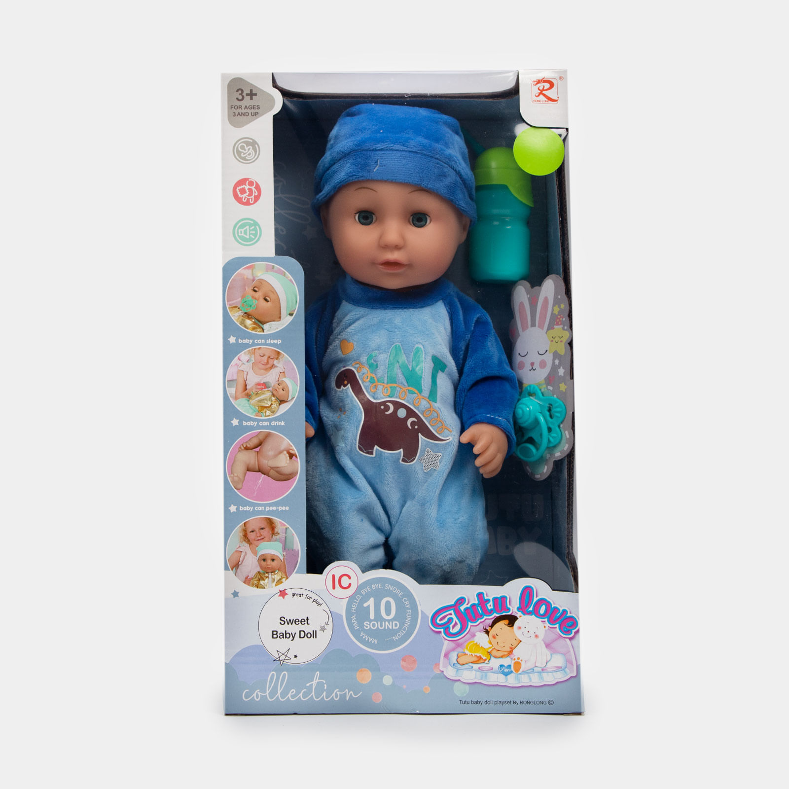 Bebé de juguete de 36 cm con accesorios, sonido y pijama