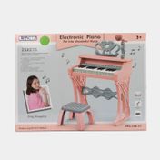 Piano electrónico infantil con micrófono y silla, rosado