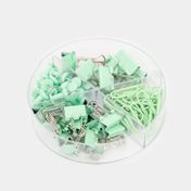 Kit de escritorio clips, manecillas, chinches  x 72 piezas verde