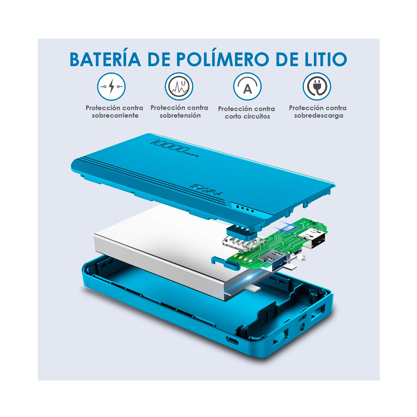 Batería portátil de 10.000 mAh 2.1A, azul