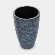 Florero en cerámica, diseño rosas, azul - plateado