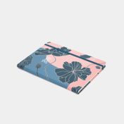 Libreta ejecutiva rosada con azul y flores negras de 14 x 20 cm