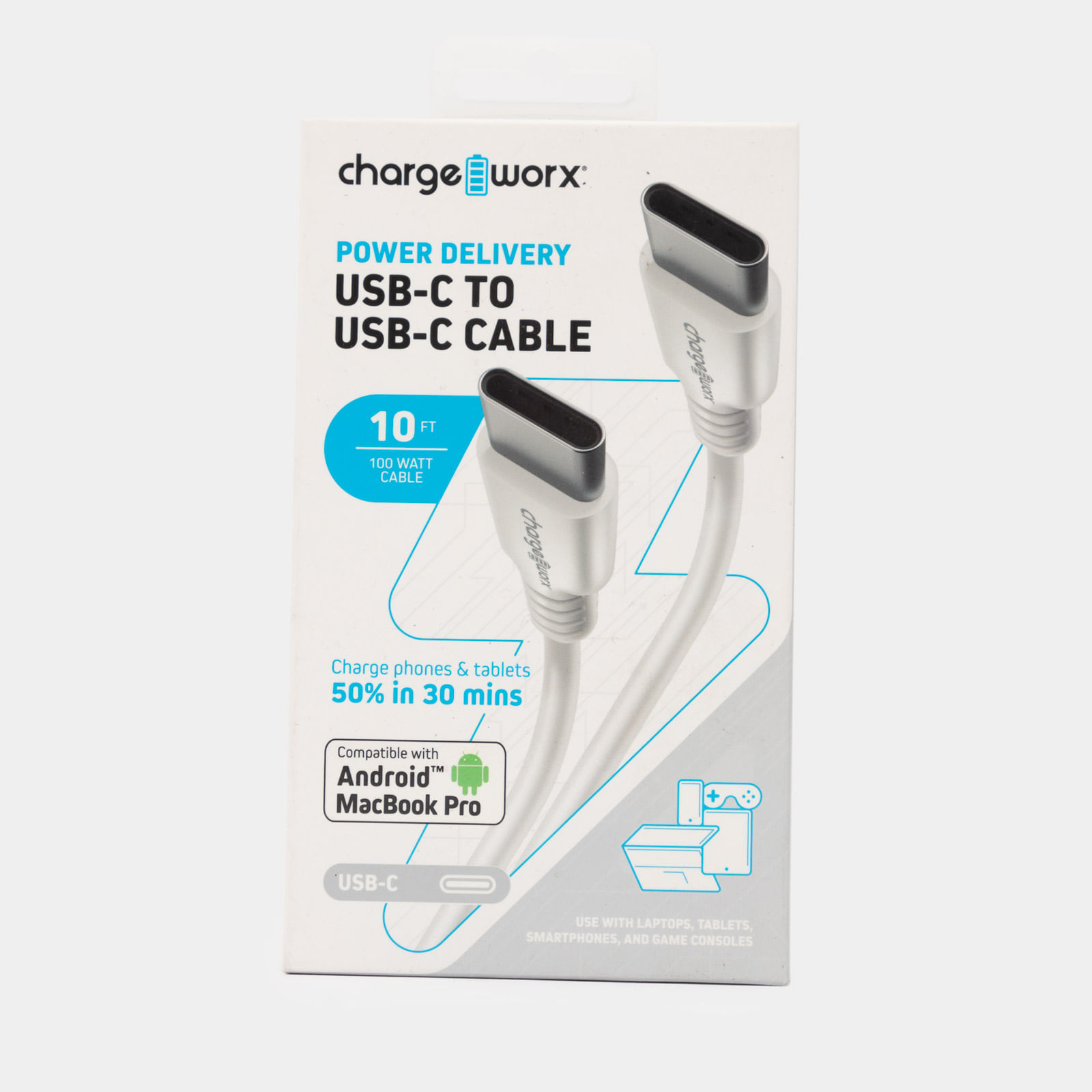 Cable USB-C a USB-C Charge Worx blanco de 3 m