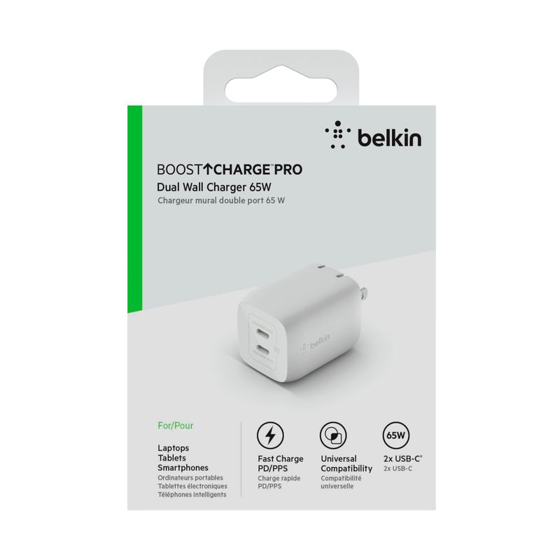 Cargador  Belkin BoostCharge Pro, USB-C, 65 W, Carga Rápida, Tecnología  GaN, Blanco