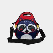 Lonchera con diseño de mapache, azul y rojo