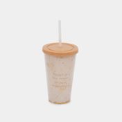 Vaso plástico beige de 450 ml con pitillo