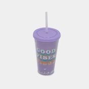 Vaso plástico púrpura "good vibes" de 450 ml con pitillo