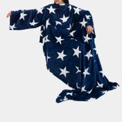 Manta azul oscuro y estrellas blancas con mangas y bolsillo de 140 x 210 cm