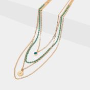 Collar de 4 cadenas, ojo turco, flor y cuentas verdes