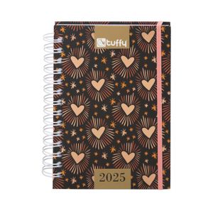 Agenda diaria de 19 x 13 cm  premium 2025 argollada corazones y estrellas