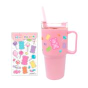 Vaso de 600 ml con pitillo y stickers, rosado
