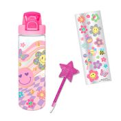 Botella de 700 ml con stickers y bolígrafo, transparente con rosado