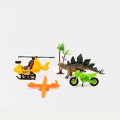 Set de dinosaurio con helicóptero, moto y accesorios x 6 piezas