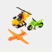 Set de dinosaurio con helicóptero, moto y accesorios x 6 piezas