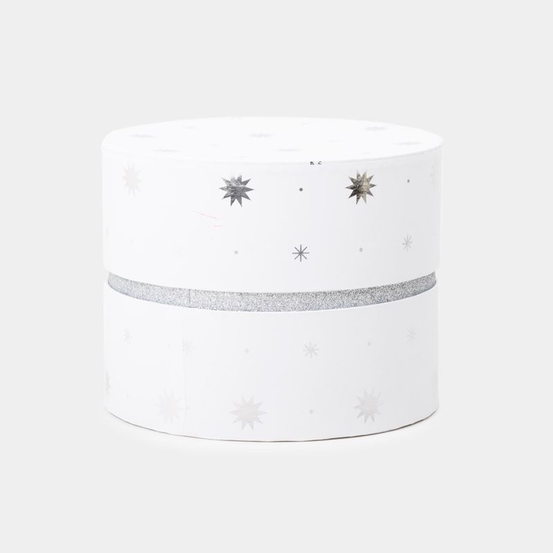 caja-de-regalo-circular-de-12-5-x-17-cm-blanca-plateado-escarchado-7701016083843