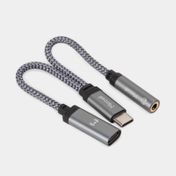 Cable auxiliar de audio 2 en 1 USB-C a 3.5 mm de 15 cm, gris