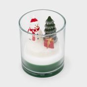 Vela en vaso de vidrio hombre de nieve con árbol y regalo