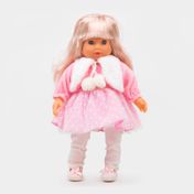 Muñeca de 36.5 cm con vestido rosado y chaleco blanco